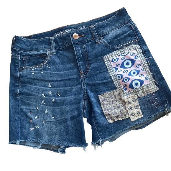 American Eagle Altered Hand Embroidered Shorts Sashiko, Boro, Patchwork,… - Picture 6 of 16